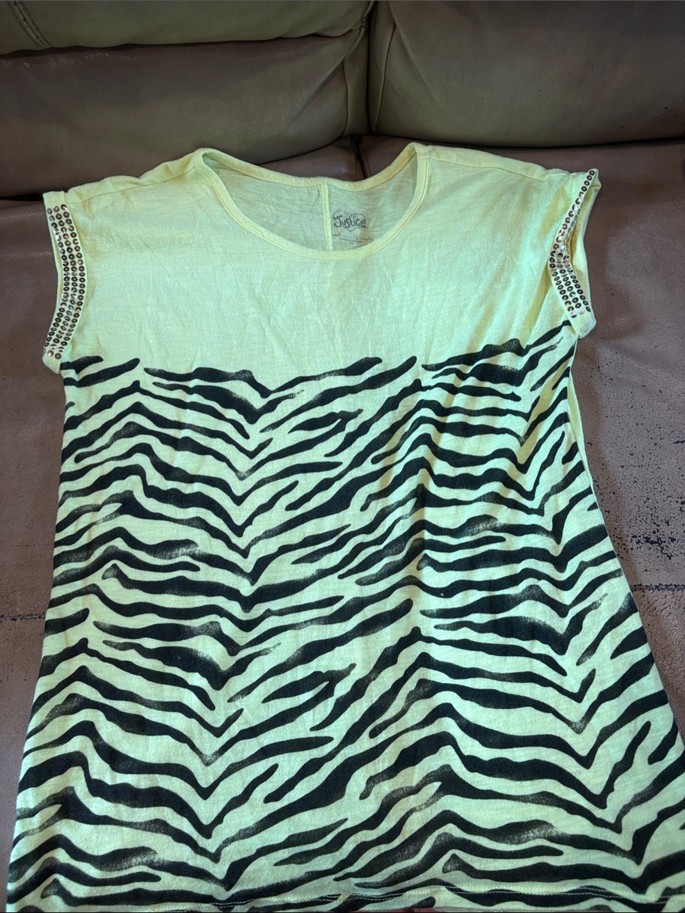 Justice Yellow Zebra Print Short Sleeve Tee with Studded Trim
